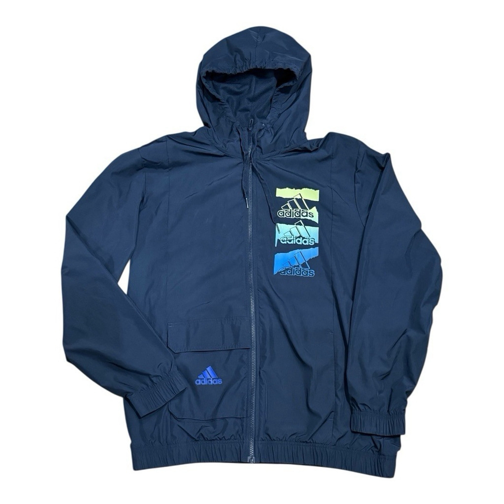 Adidas Jacket Mens Large Blue Softshell Hooded Windbreaker